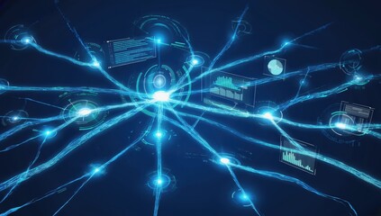 Poster - complex network of interconnected nodes processing data, generating insights, and displaying charts 