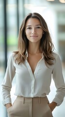 A business professional standing in a bright and modern office building, looking confident and ready for a meeting