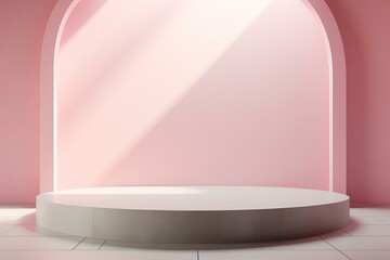 Poster - White round podium illuminating pink arch background displaying products, perfect for showcasing items in a visually appealing way