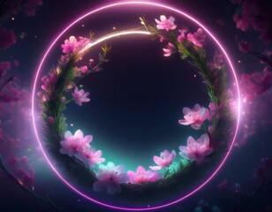 Wall Mural - Springtime Neon Circle with Cherry Blossoms and Gentle wvw