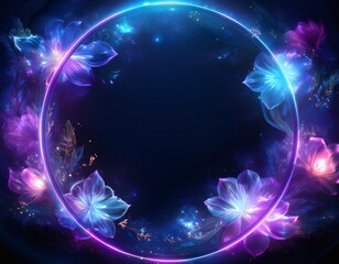 Wall Mural - Dreamy Neon Frame with Starry Flowers and Cosmic Mist