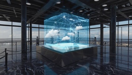 Poster - Futuristic glass cube displaying cloud computing network and data storage, symbolizing technological advancement in a modern building with panoramic city views