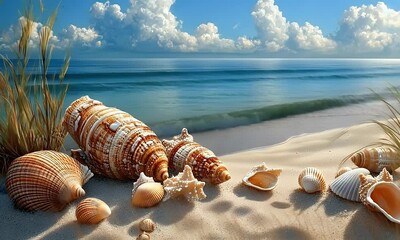 Poster - Seashells beach ocean sunny summer postcard