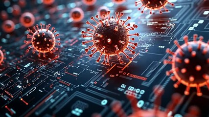 Poster - A close-up view of digital virus particles on a circuit board background illustrating technology