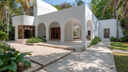 Wall Mural - a white house with arched windows and a patio