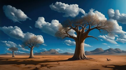 Wall Mural - a painting of trees in the desert with clouds