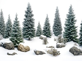 Wall Mural - A snowy landscape with a forest of pine trees and rocks. The trees are covered in snow and the rocks are scattered throughout the scene. Scene is peaceful and serene, with the snow-covered trees
