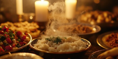 Wall Mural - A table with a variety of food, including a bowl of rice with a sprig of parsley on top