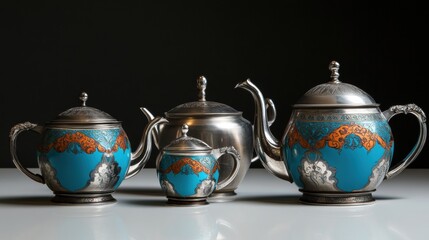 a group of four silver and blue teapots