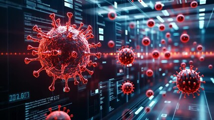 Poster - digital virus model in a high-tech setting, highlighting microscopic details and data