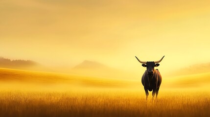 Poster - Majestic Cow in a Golden Sunset Landscape