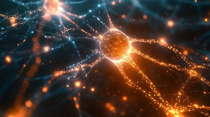 Wall Mural - A close up of a brain with orange and blue neurons