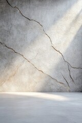 Poster - A rough concrete wall shows evident cracks and is softly illuminated, creating a serene atmosphere in an empty, minimal space. The play of light enhances the wall's texture