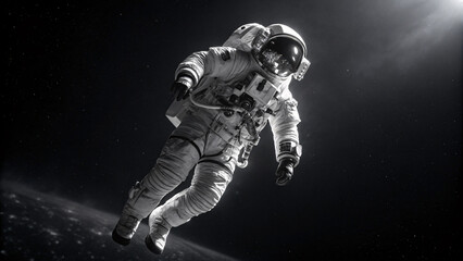 Wall Mural - an astronaut floating in space in black and white photography in blak backgraund