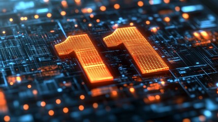 Poster - glowing orange, digital number eleven on futuristic circuit board, technology background.