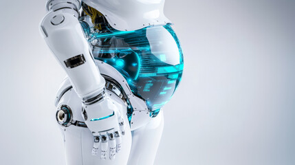 Leinwandbilder - A futuristic robot showcases a transparent abdomen, revealing a developing embryo inside. The design blends technology with concepts of life, highlighting advancements in robotics and reproduction.