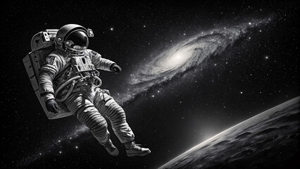 Wall Mural - an astronaut floating in space in black and white photography in blak backgraund