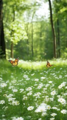 Canvas Print - Two butterflies flying in a field of white flowers. The butterflies are orange and black. The field is lush and green