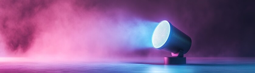 Poster - A solitary spotlight emits a radiant neon glow, cutting through a misty ambiance filled with swirling colors. This captivating display creates a wonderfully immersive nighttime experience