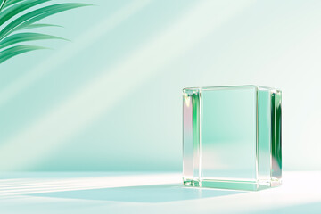 Poster - A thin wireframe cube radiates a gentle green light, resting on a neutral white surface while bright, even light enhances the minimalist ambiance at midday