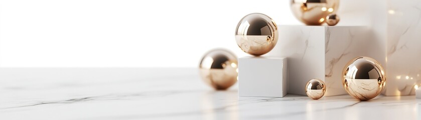 Poster - A sleek arrangement showcases polished gold spheres resting atop white blocks against a smooth marble surface. The setup exudes sophistication and modern elegance in design