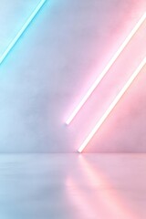 Poster - Smooth matte concrete reflects soft neon lights in blue and pink, illustrating a modern design. The arrangement suggests a tranquil, artistic atmosphere in an abstract setting