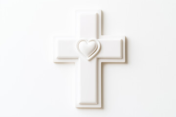 Poster - In a clean white studio bathed in midday light, an abstract medical cross featuring a subtle heart shape rests at the center, creating a serene and healing environment