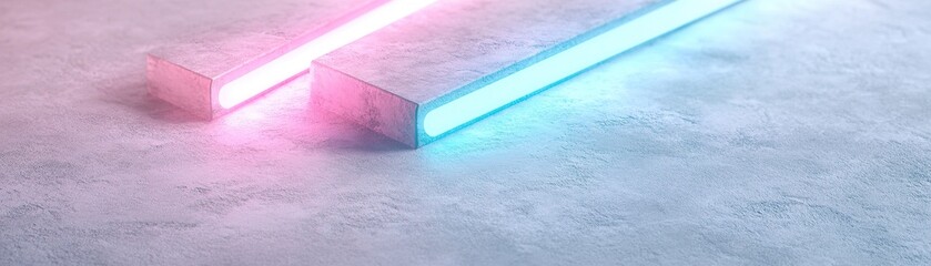 Poster - Softly glowing pink and blue light strips lie on a smooth matte concrete surface, casting a serene ambiance in a minimalist environment. The lighting enhances the texture and depth of the surface
