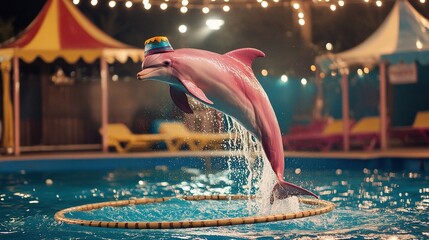 Wall Mural - Pink dolphin jumping through hoop in pool at night.