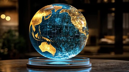 Poster - Illuminated globe showcasing North America with vibrant lights in a contemporary setting
