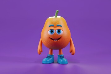 Poster - A cheerful, anthropomorphic orange pear character with blue shoes, standing against a purple background.