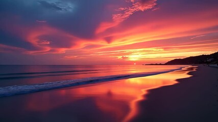 Poster - A beautiful sunset over the ocean with a boat in the water. The sky is filled with clouds and the sun is setting