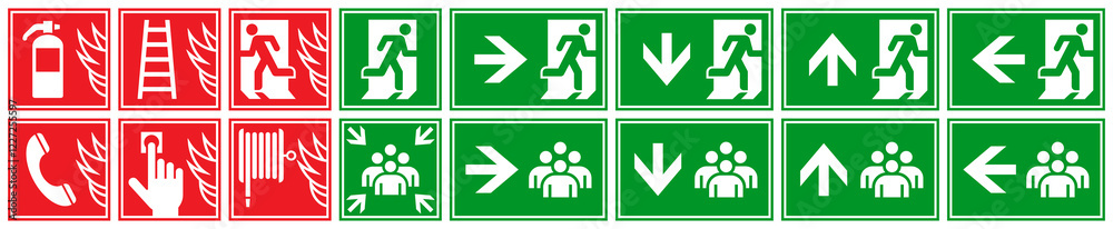 Evacuation plan sign set. Emergency exit, assembly point and fire ...