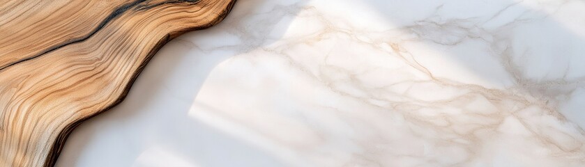 Poster - The image features a smooth wooden surface, likely teak or walnut, contrasting beautifully with a light marble texture. The natural patterns of the wood enhance the aesthetic appeal
