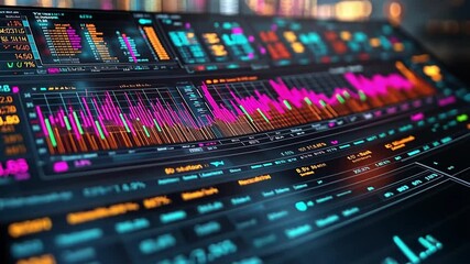 Poster - Colorful digital stock market graph on a futuristic interface showcasing trading data at night