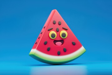 Poster - A cute, cartoon watermelon slice with a happy face smiles against a blue background.