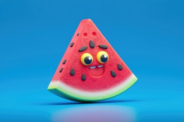Poster - A cute cartoon watermelon slice with big eyes and a happy smile, against a blue background.