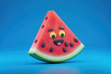 Poster - A cheerful cartoon watermelon slice smiles on a bright blue background.