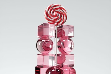 Poster - A red and white lollipop sits atop a stack of pink glass cubes and spheres.