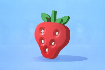 Poster - A stylized illustration of a strawberry, featuring a vibrant red body and prominent seeds against a light blue background.