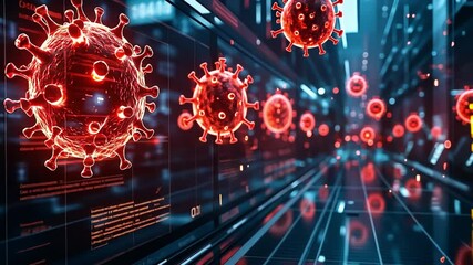 Poster - Visualization of virus structures in a digital cityscape with a futuristic design at night