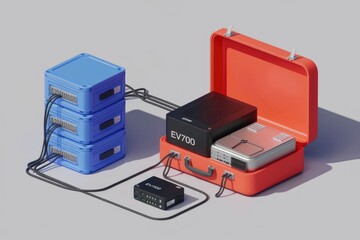 Poster - Networked server units connected via cables to a portable device storage case.