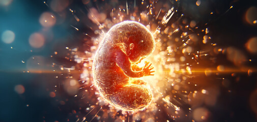 Poster - This artwork depicts a futuristic embryo enveloped in vibrant energy, symbolizing the fusion of life and technology.
