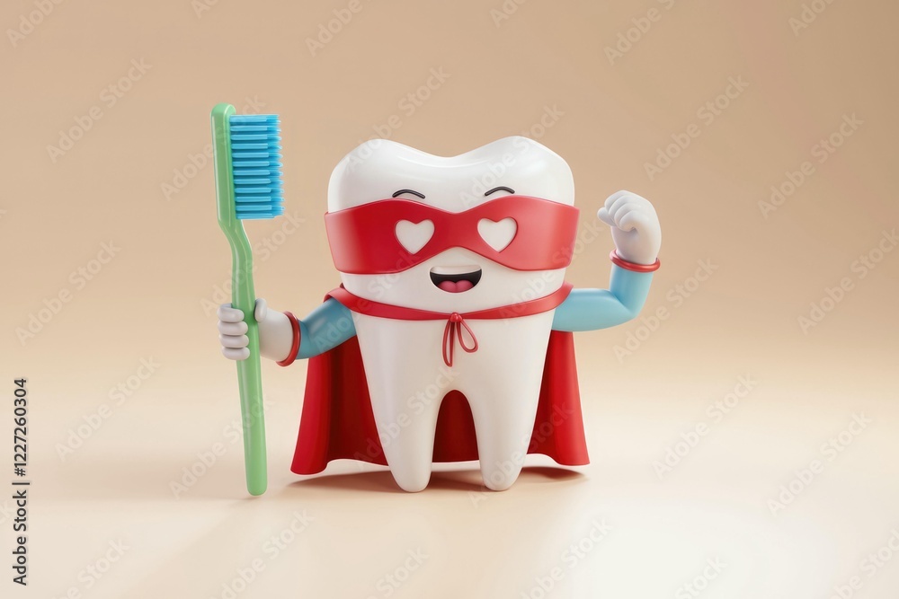 A superhero tooth character holding a toothbrush, promoting oral ...