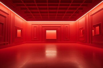 Poster - Empty red monochrome room with neon lights illuminating modern architecture, creating a vibrant and futuristic atmosphere