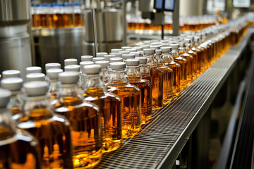 Poster - Bottles of amber liquid moving along production line in factory