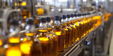 Poster - Bottles of golden liquid being filled in a factory line