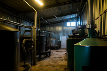 Poster - Industrial processing facility featuring large tanks and machinery