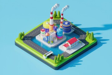 Poster - Isometric illustration of a colorful factory complex situated by a waterway, featuring small buildings and trees.