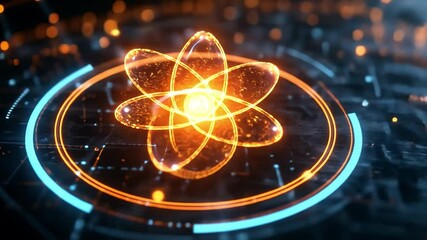 Poster - Abstract representation of an atom on a digital circuit background in vibrant colors